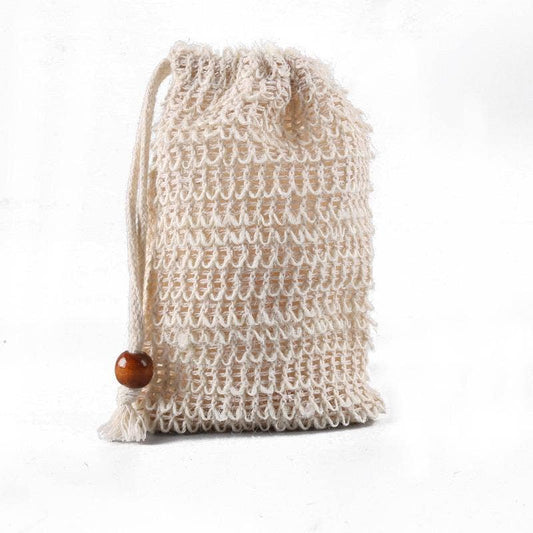 Knitted drawstring bag with a wooden button on a white background
