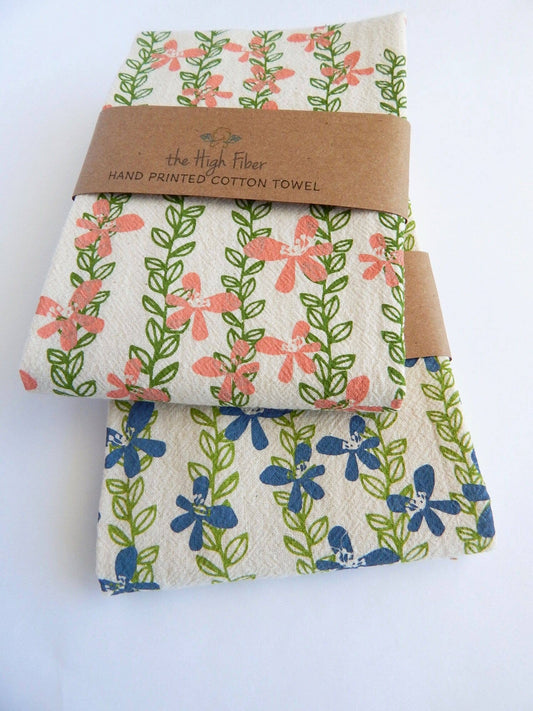 Floral Kitchen Towel,  Handprinted Towel, Floral Vine