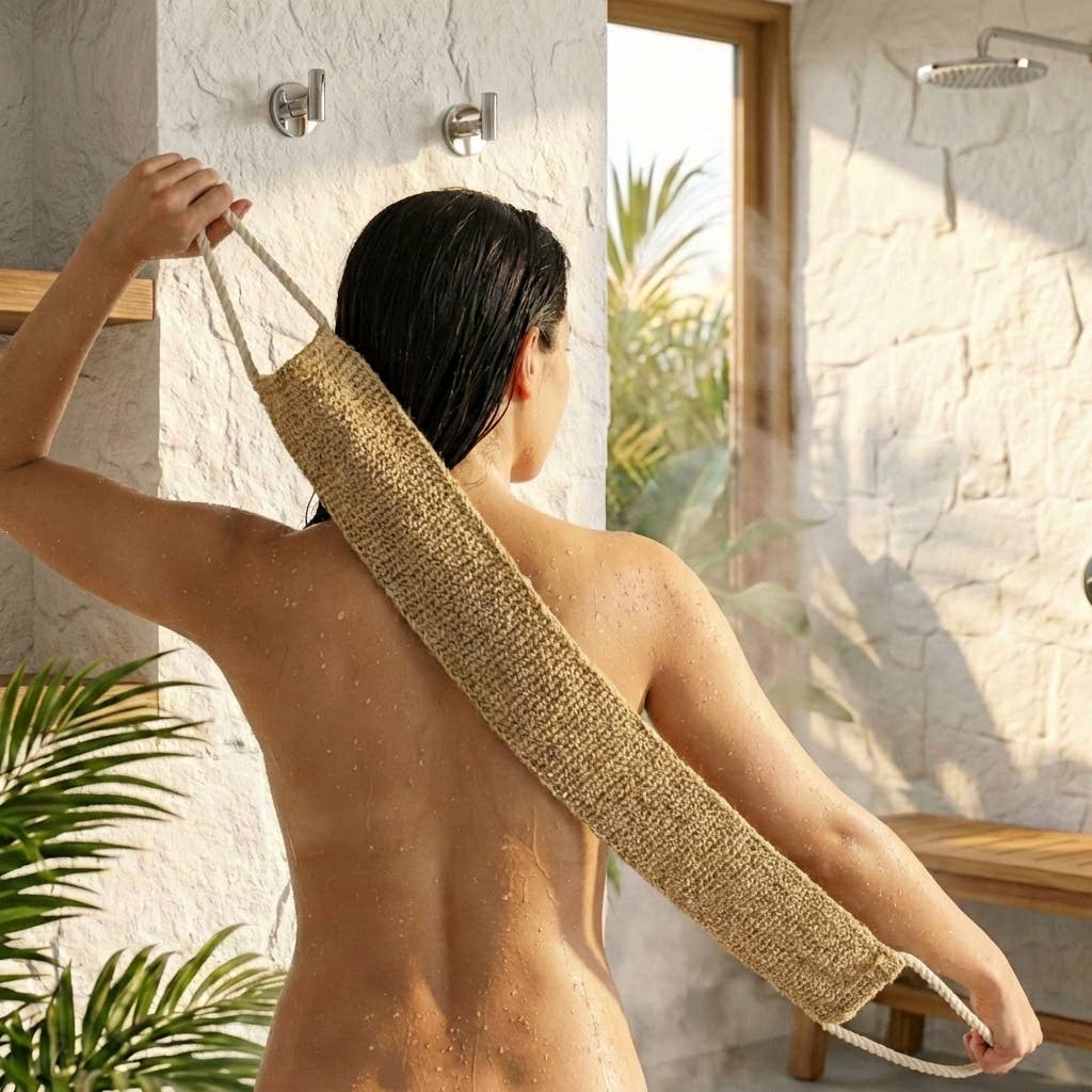 Person using a loofah in a bathroom setting with natural light