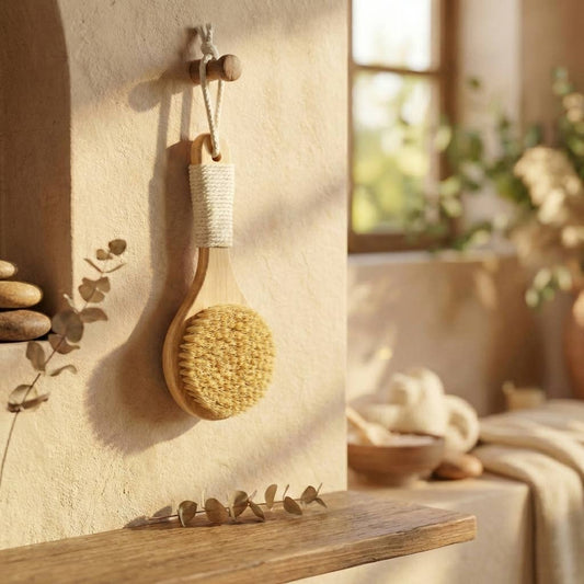 Wooden brush with natural bristles hanging on a wall with a soft, warm light.