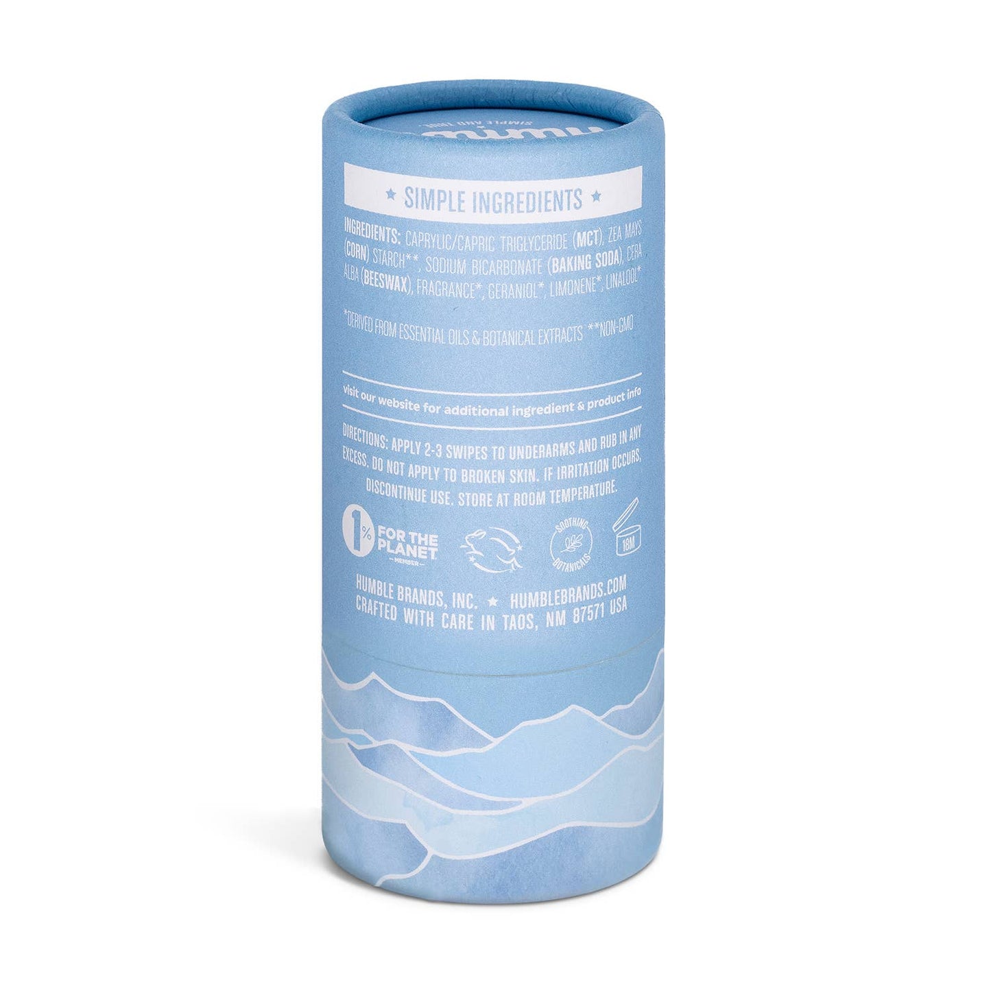 Blue cylindrical container with white text and mountain design on a white background