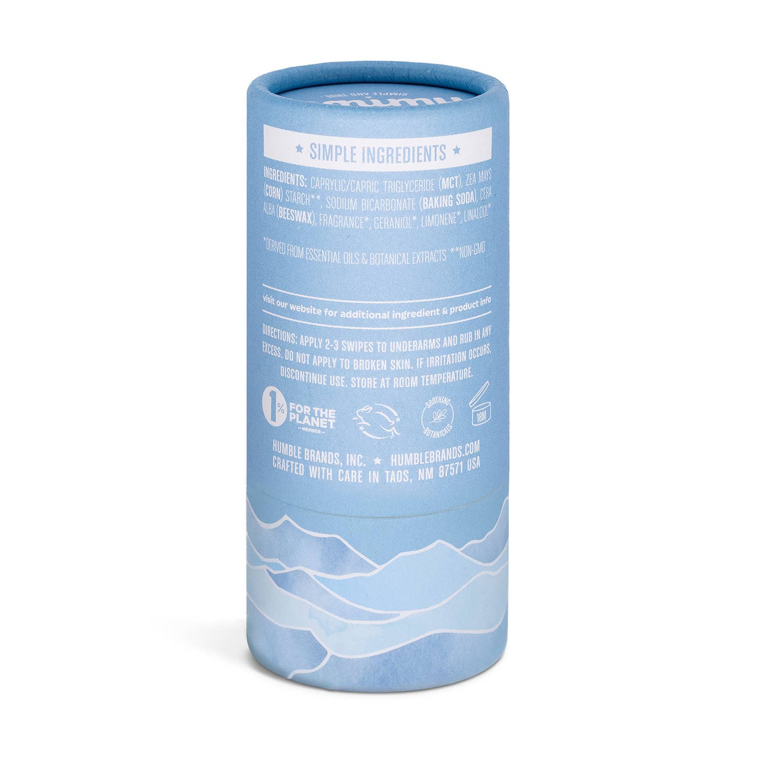 Blue cylindrical container with white text and mountain design on a white background