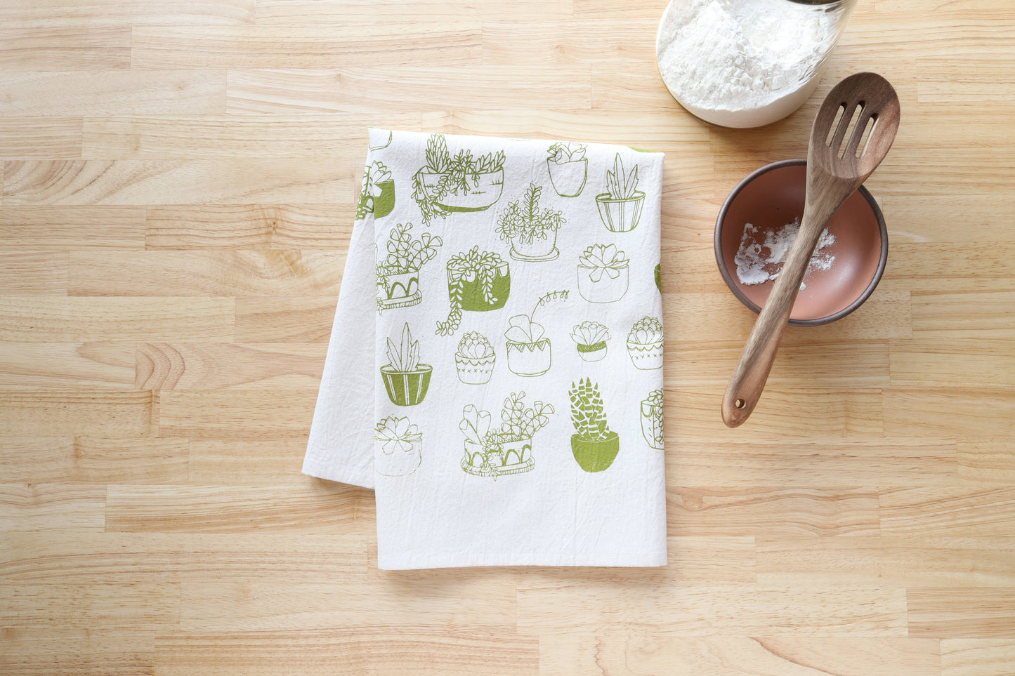 Succulents Kitchen Towel, Handprinted Tea Towel, Plant Print
