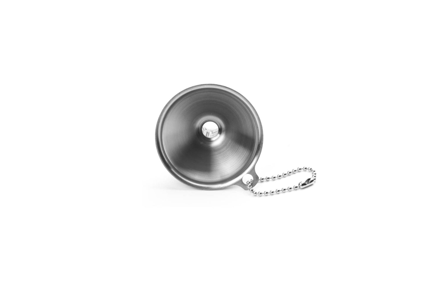 Metal funnel with chain on a white background