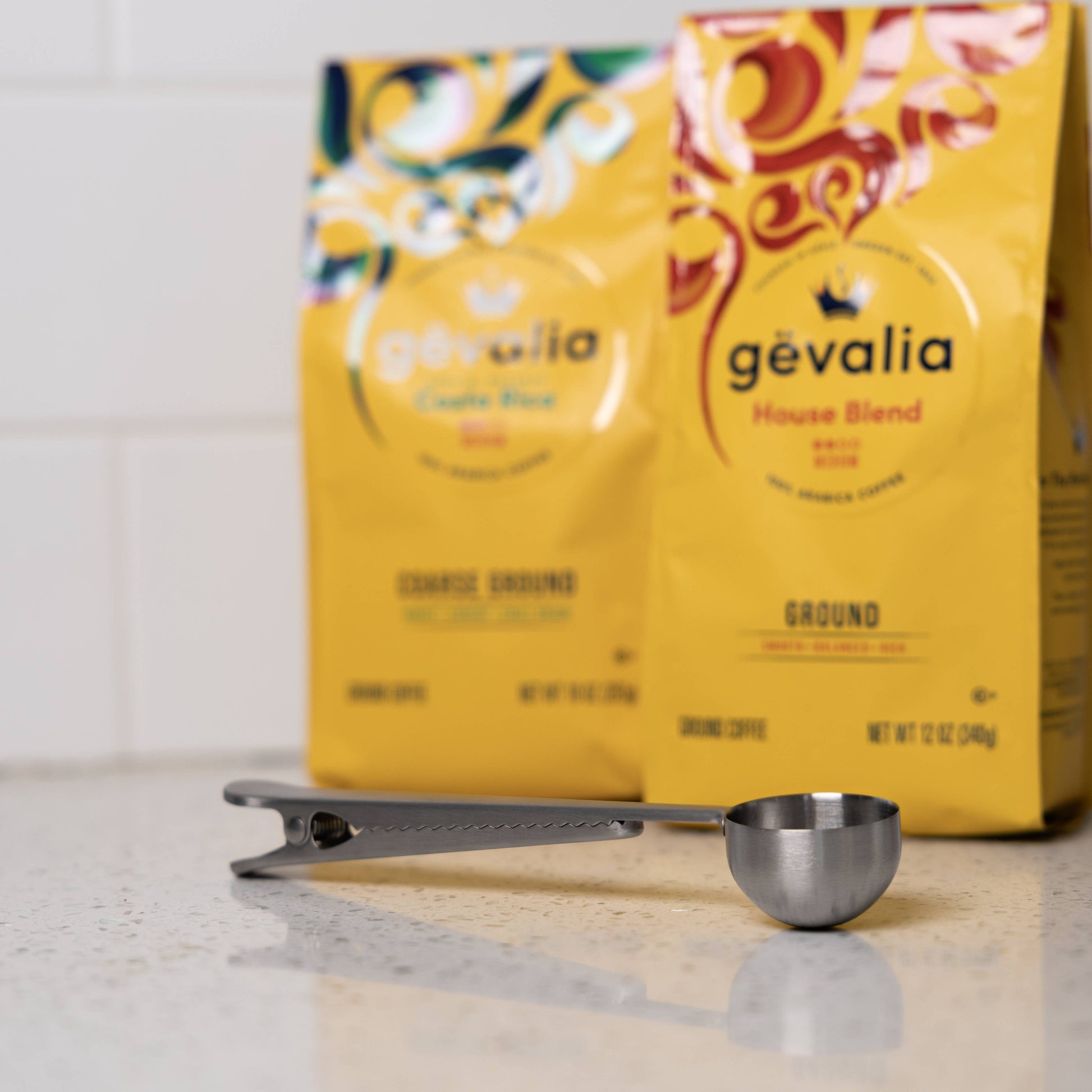 Gevalia coffee package with a metal scoop on a light surface