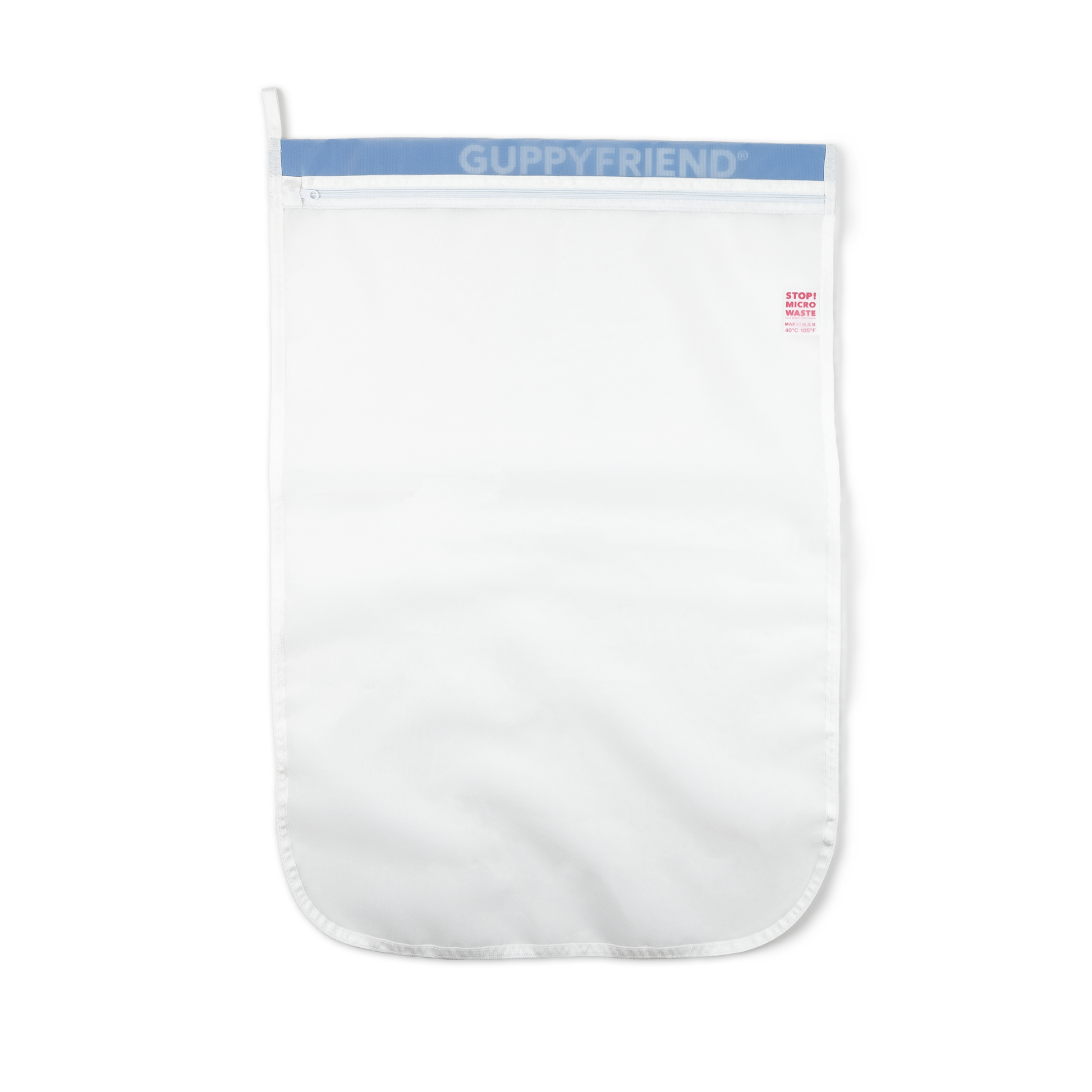 White mesh bag with blue top section labeled 'Guppyfriend' on a white background
