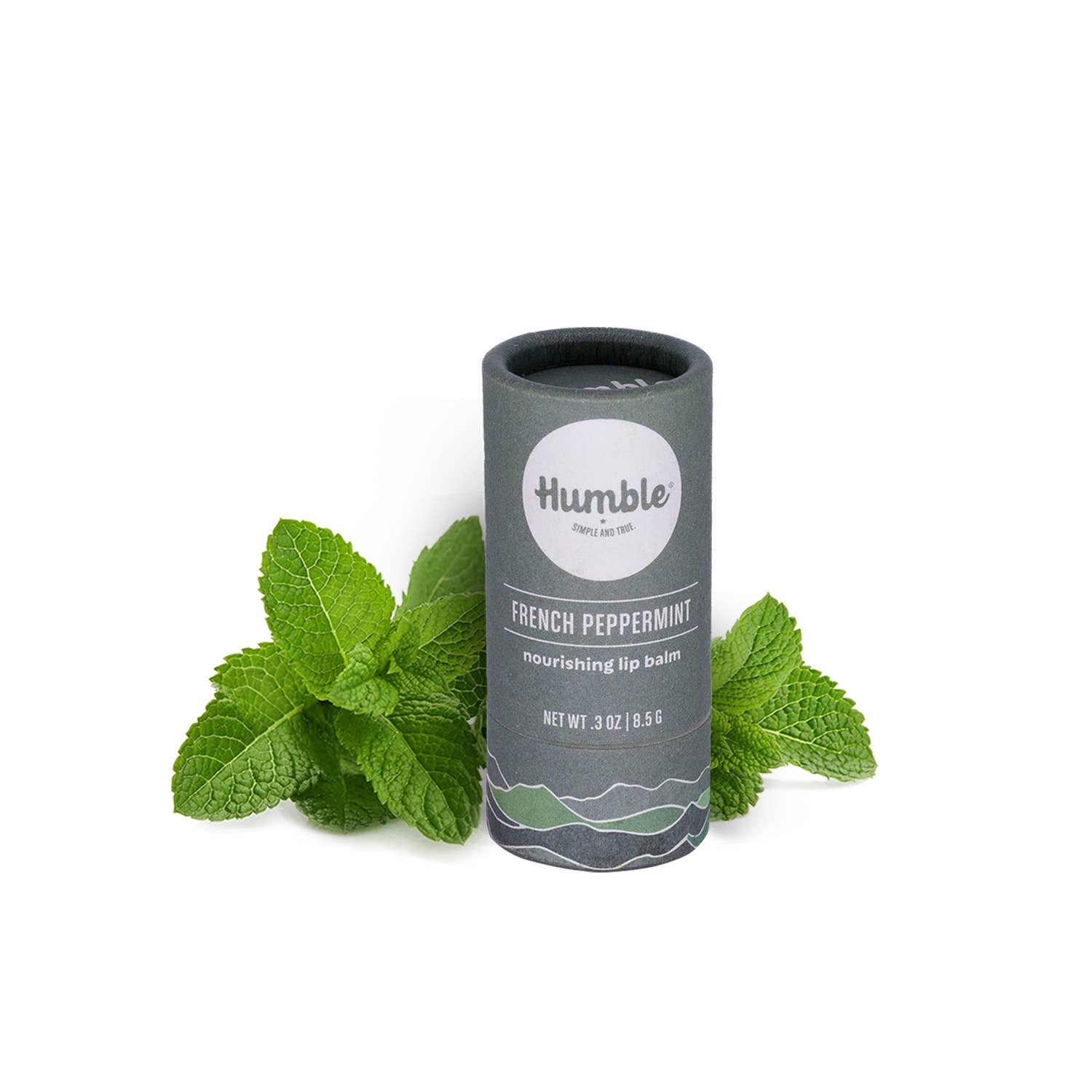 Humble lip balm container with mint leaves on a white background