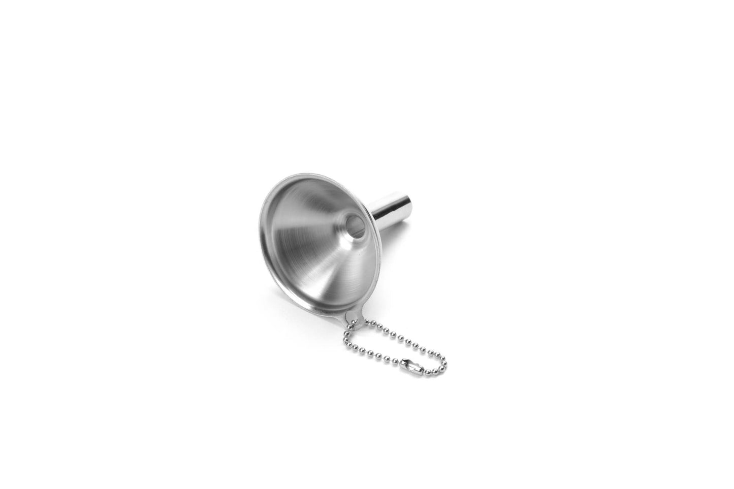 Metal funnel with a chain on a white background