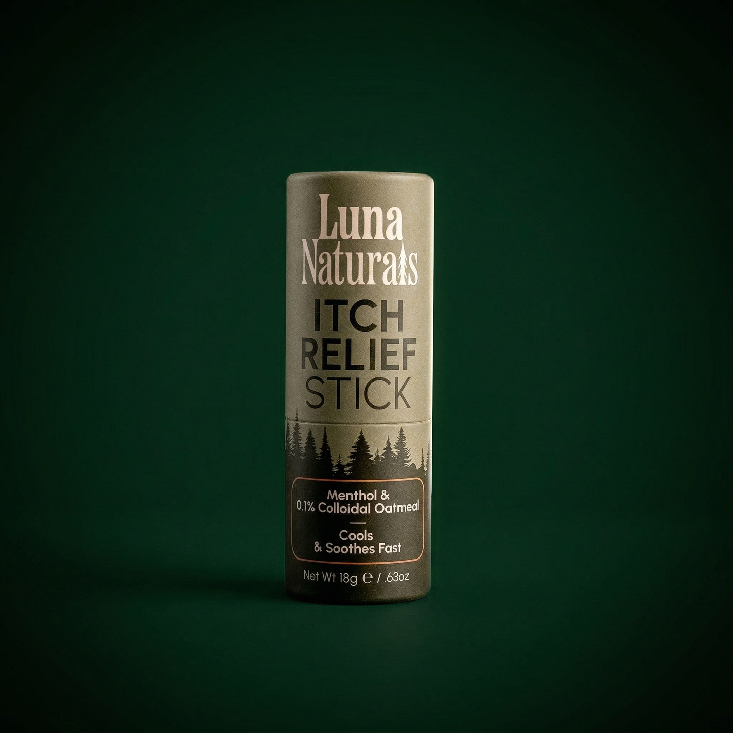 Luna Naturals Itch Relief Stick on a dark green background