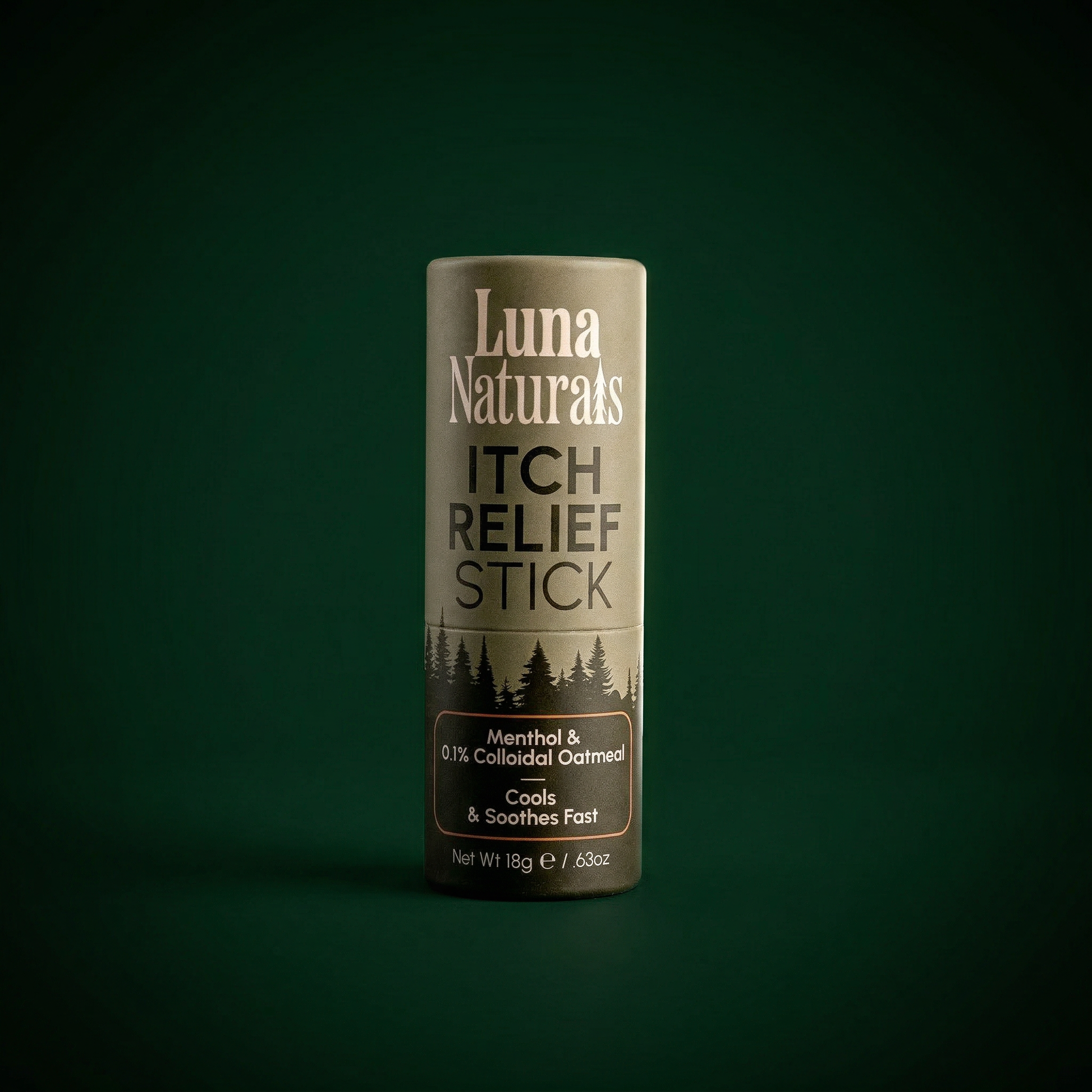 Luna Naturals Itch Relief Stick on a dark green background