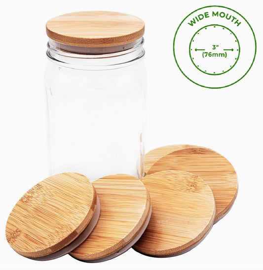 Clear glass jar showing bamboo lids for wide mouth.