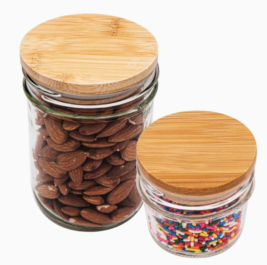 Wide mouth jar with bamboo lid and smaller pint jar with regular mouth bamboo lid