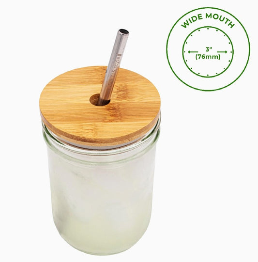 Wide mouth mason jar with bamboo lid with hole for straw