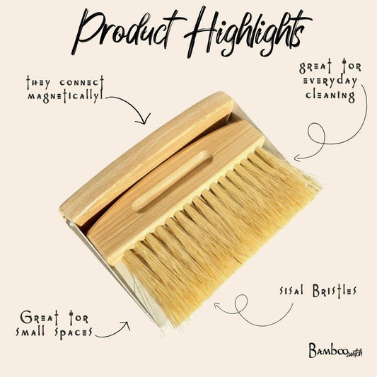 Wooden brush with sisal bristles on a beige background with product highlights text.