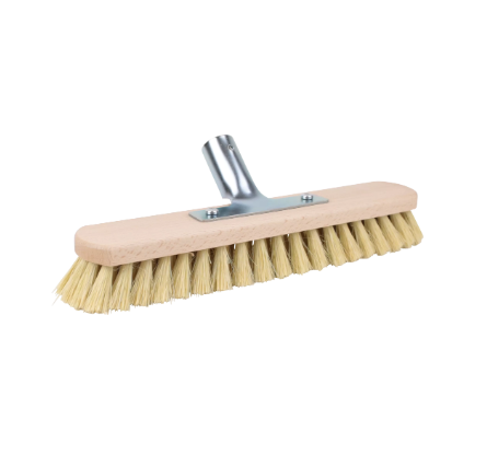 A medium bristle floor scrub brush with a wooden body and a metal mounting without handle on a white background.