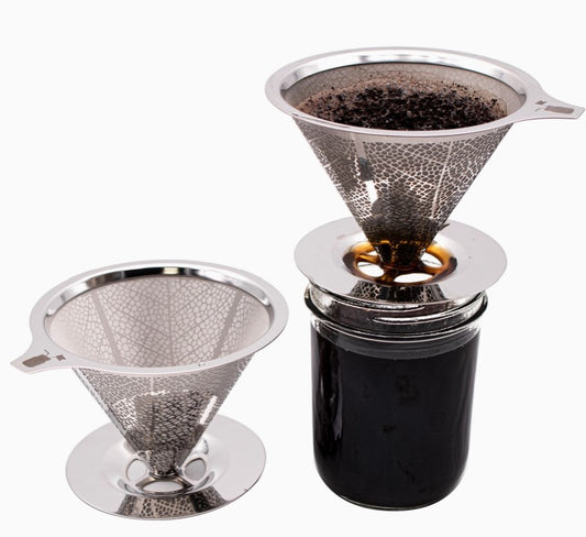 Stainless steel mesh coffee filter on left side, or right side showing the filter on top of a mason jar filtering coffee.