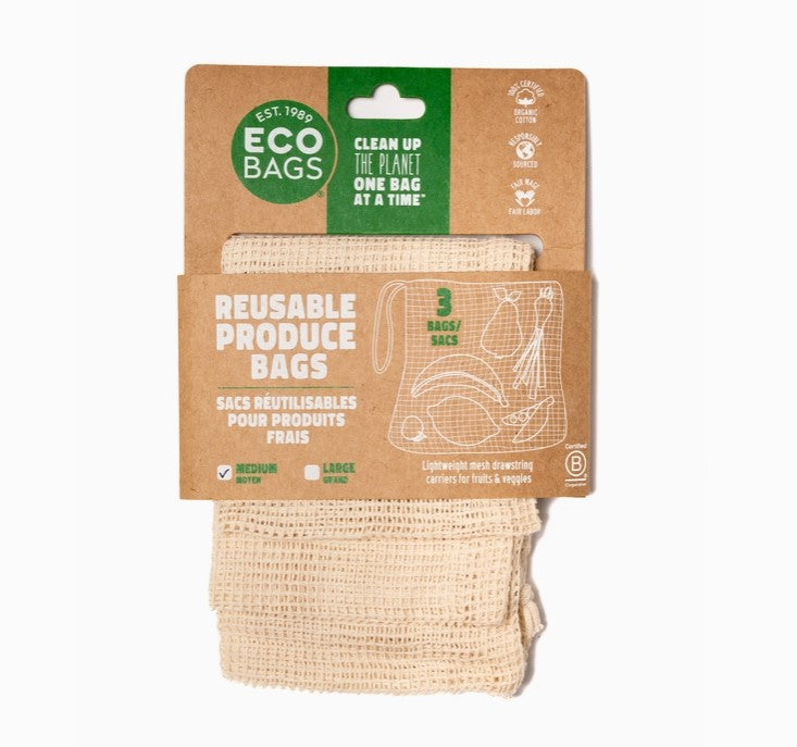 Cardboard packaging holding a set of 3 cotton mesh produce bags, all medium size. Bags are natural color with an open weave.