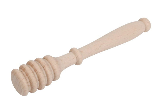 wooden utensil with grooves to help facilitate scooping honey.