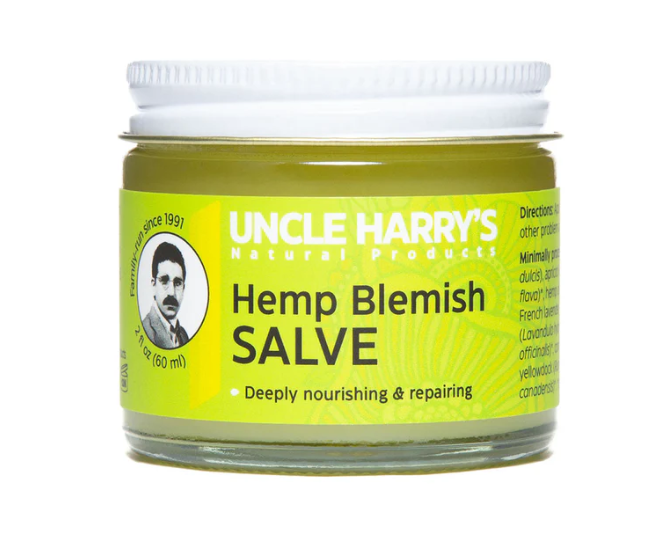 Jar of Uncle Harry's Hemp Blemish Salve on a white background