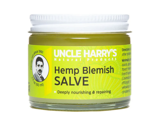 Jar of Uncle Harry's Hemp Blemish Salve on a white background