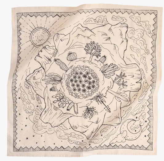Decorative bandana with black line art of nature elements on a beige background