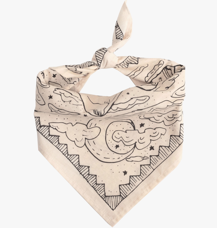 Beige bandana with black celestial pattern on a white background