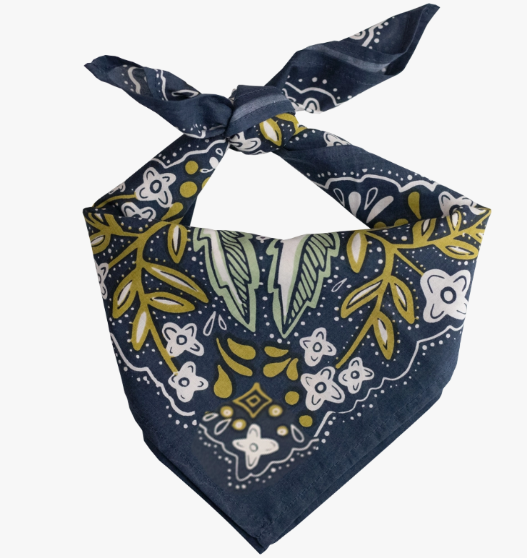 Navy blue bandana with floral patterns on a white background