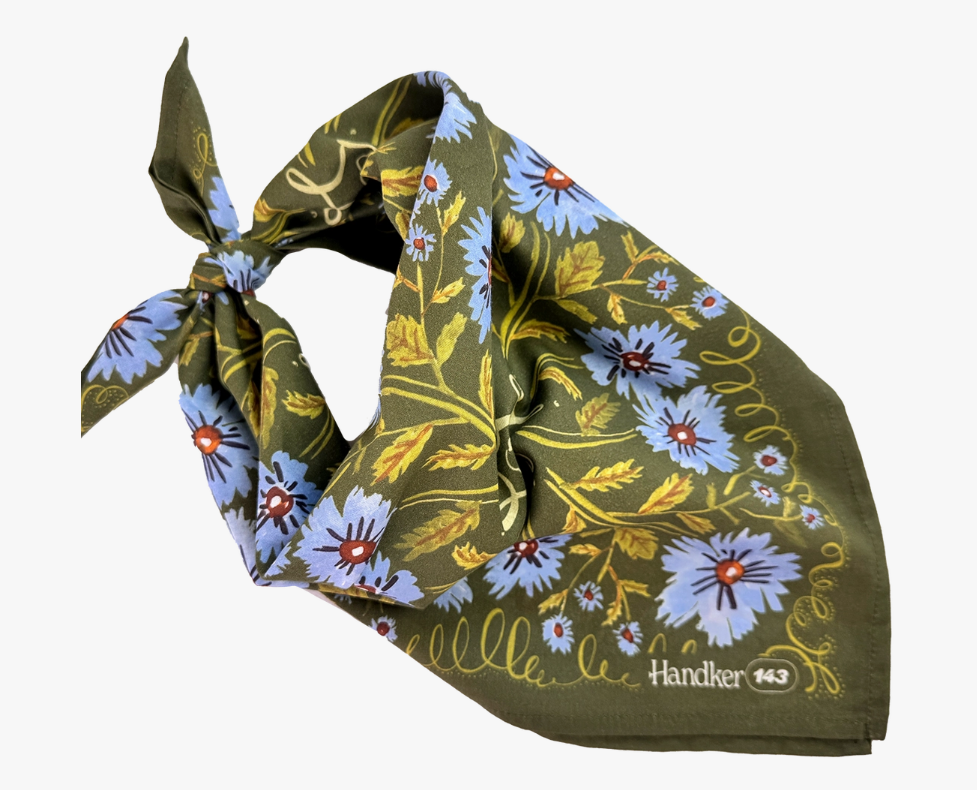 Floral patterned bandana with visible branding on a white background