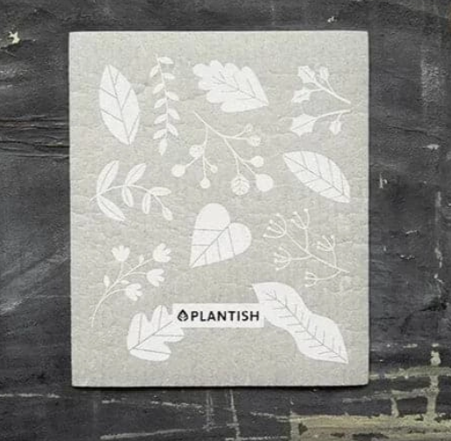 Plantish brand leaf and flower patterned product on a textured surface
