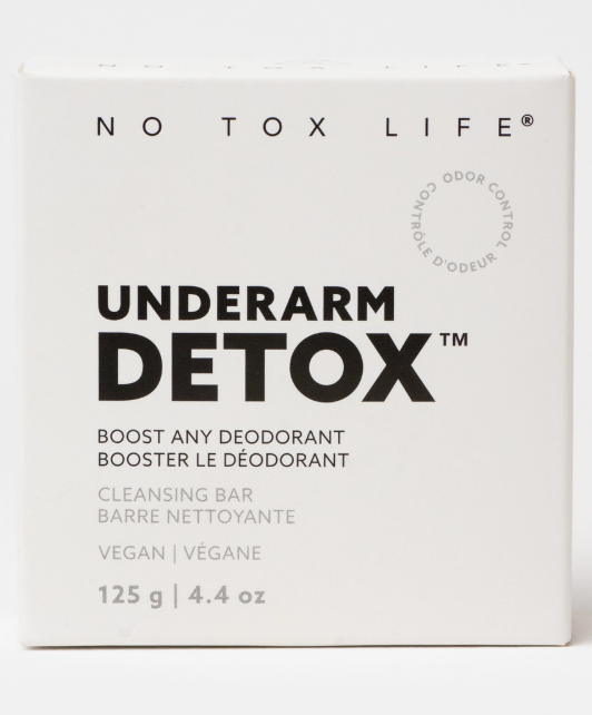 White box showing product description of Underarm Detox bar soap