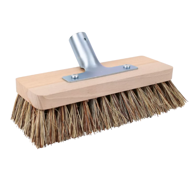 Broom with dark bristles and metal attachment on a white background