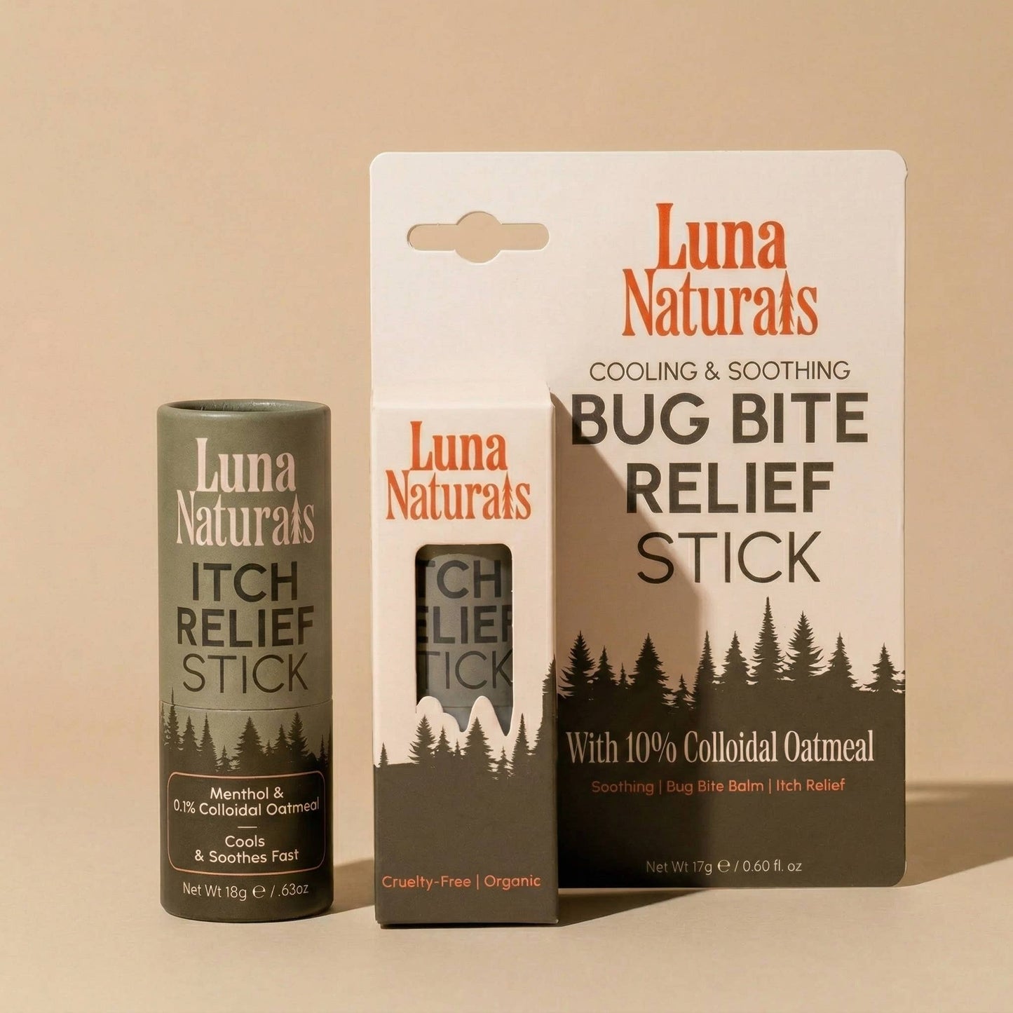 Luna Naturals bug bite relief stick packaging on a beige background