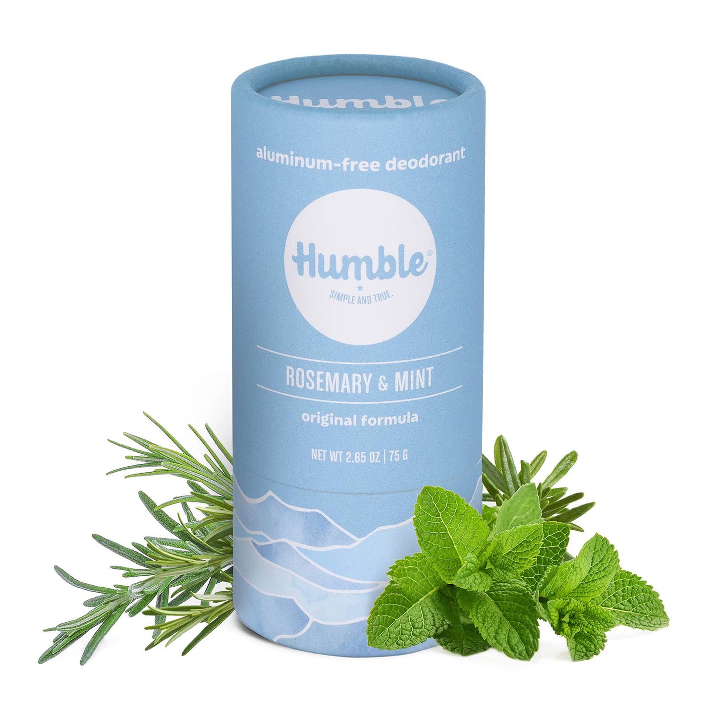 Humble deodorant container with rosemary and mint leaves on a white background