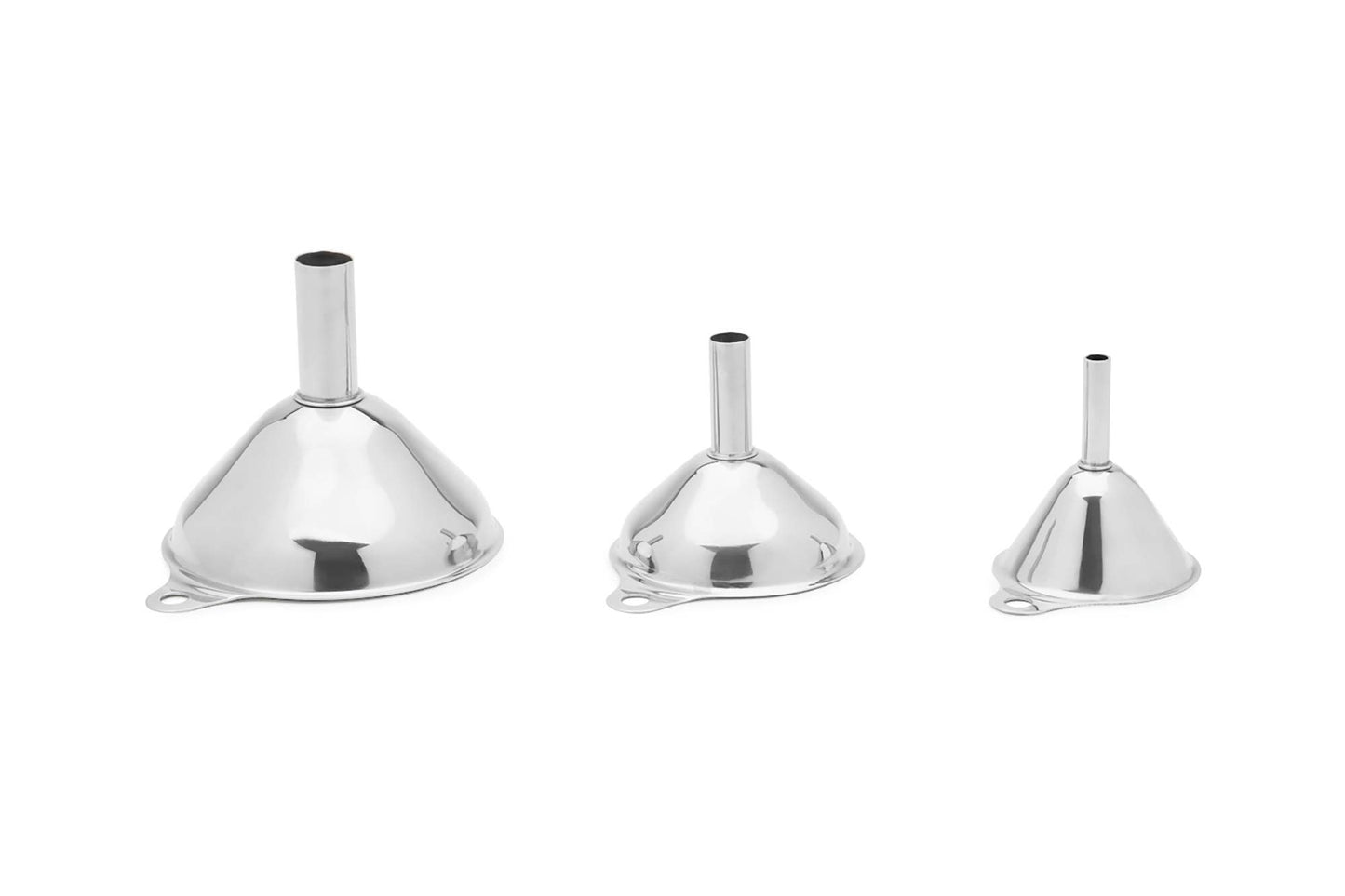 Three metallic funnels of different sizes on a white background