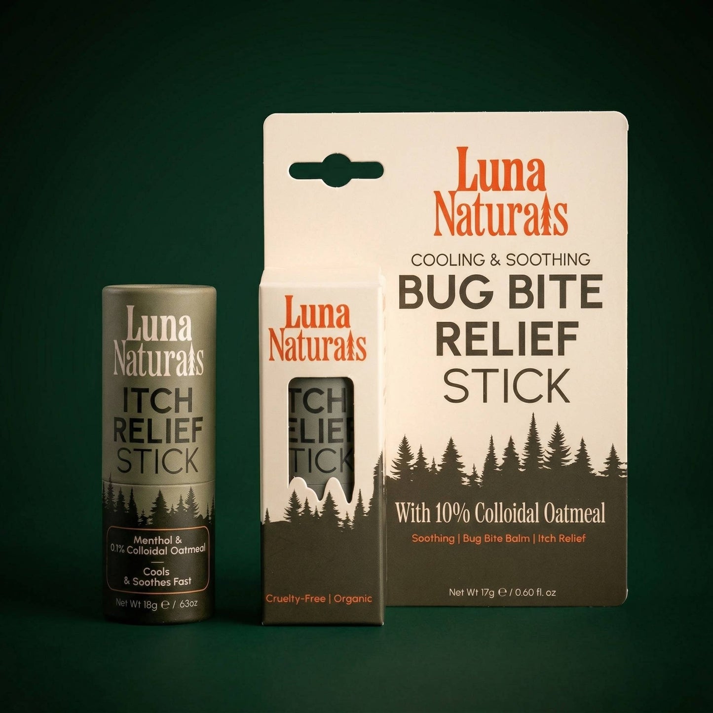 Luna Naturals itch relief stick packaging on a green background
