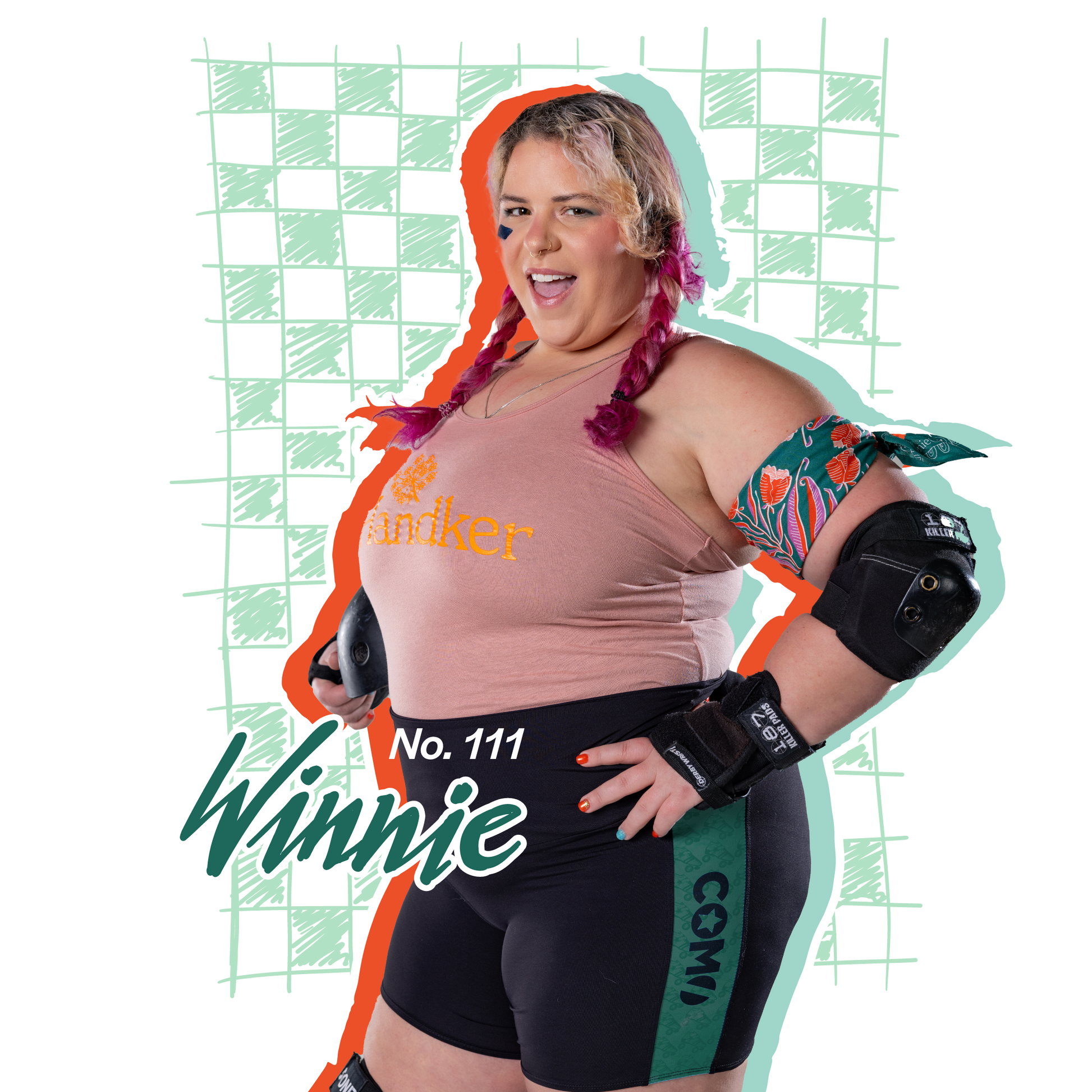 Woman in athletic wear with 'Winnie' branding on a checkered background