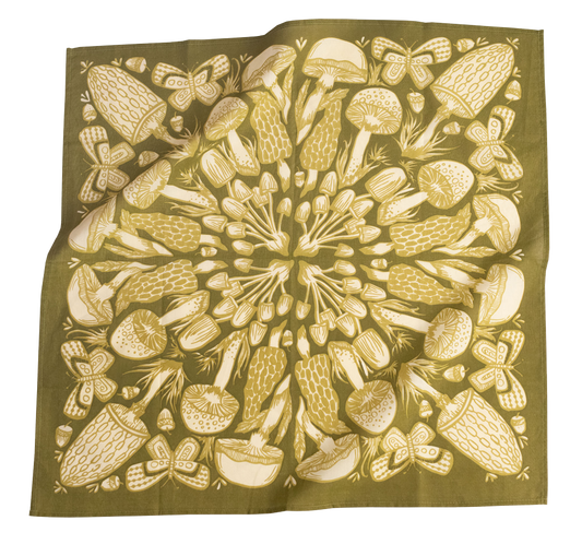 Green fabric square with white mushroom pattern