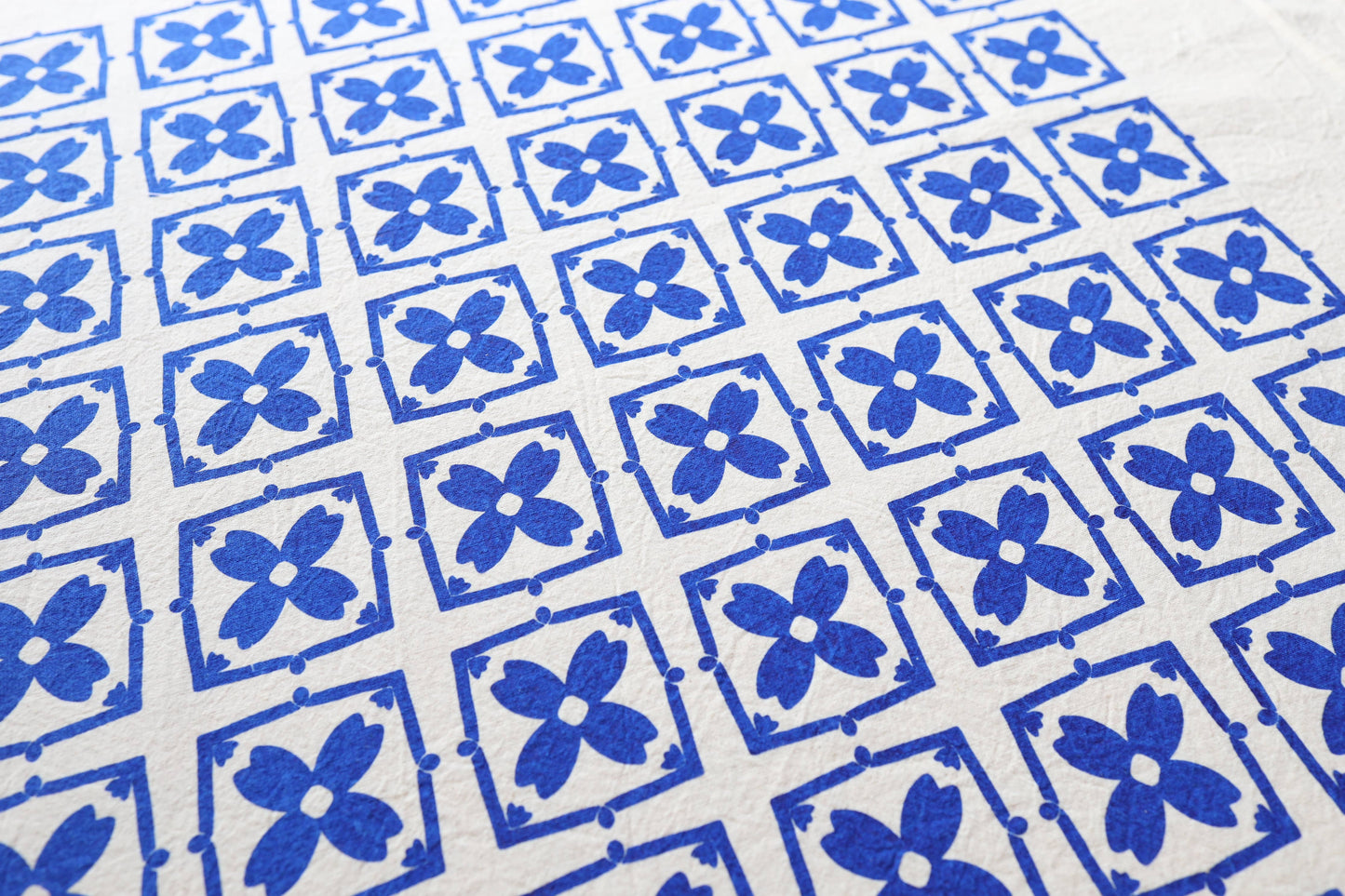 Blue Floral Tile Kitchen Towel, Hand Printed