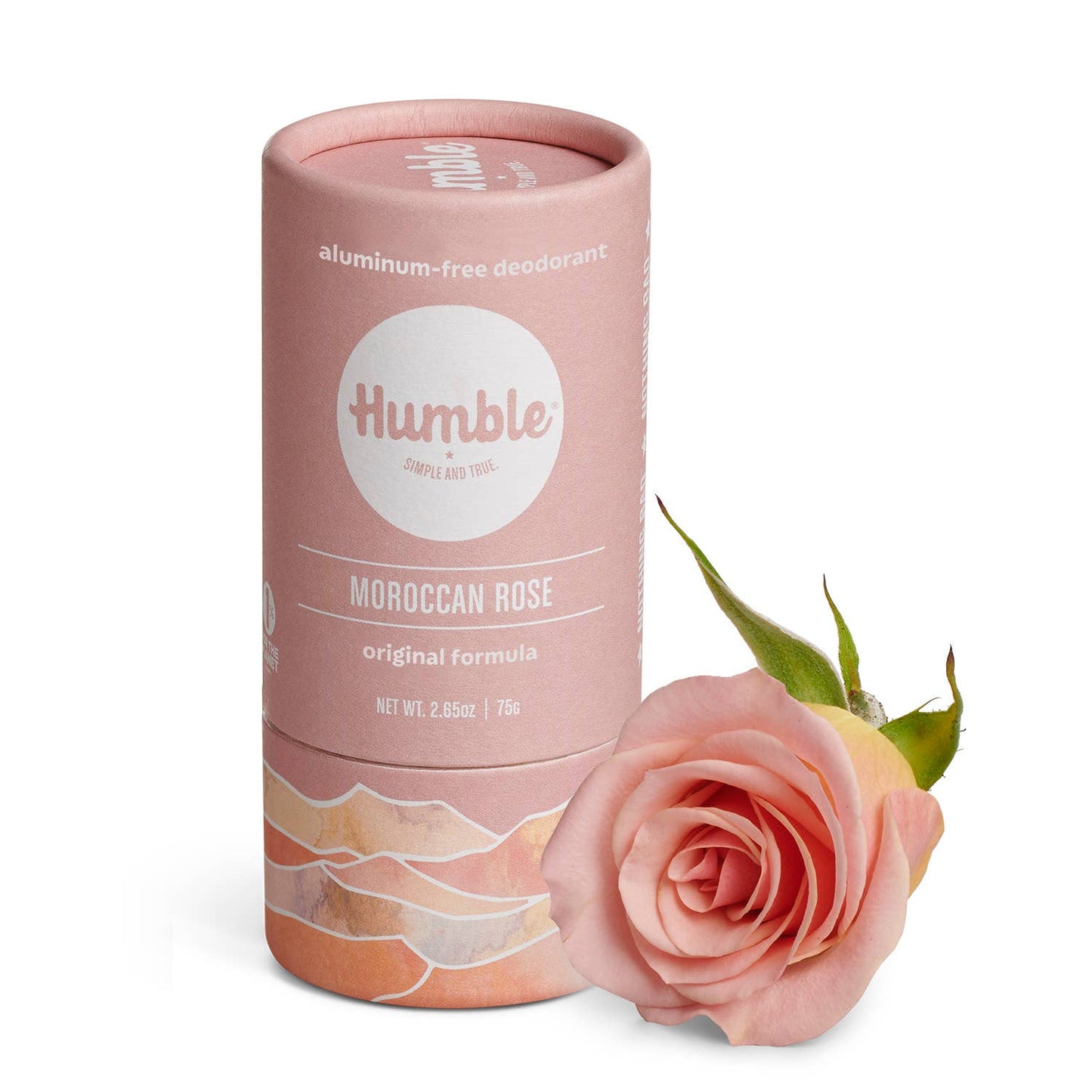 Humble deodorant tube with a pink rose on a white background