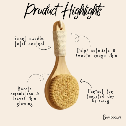 Wooden brush with text highlighting its features on a beige background