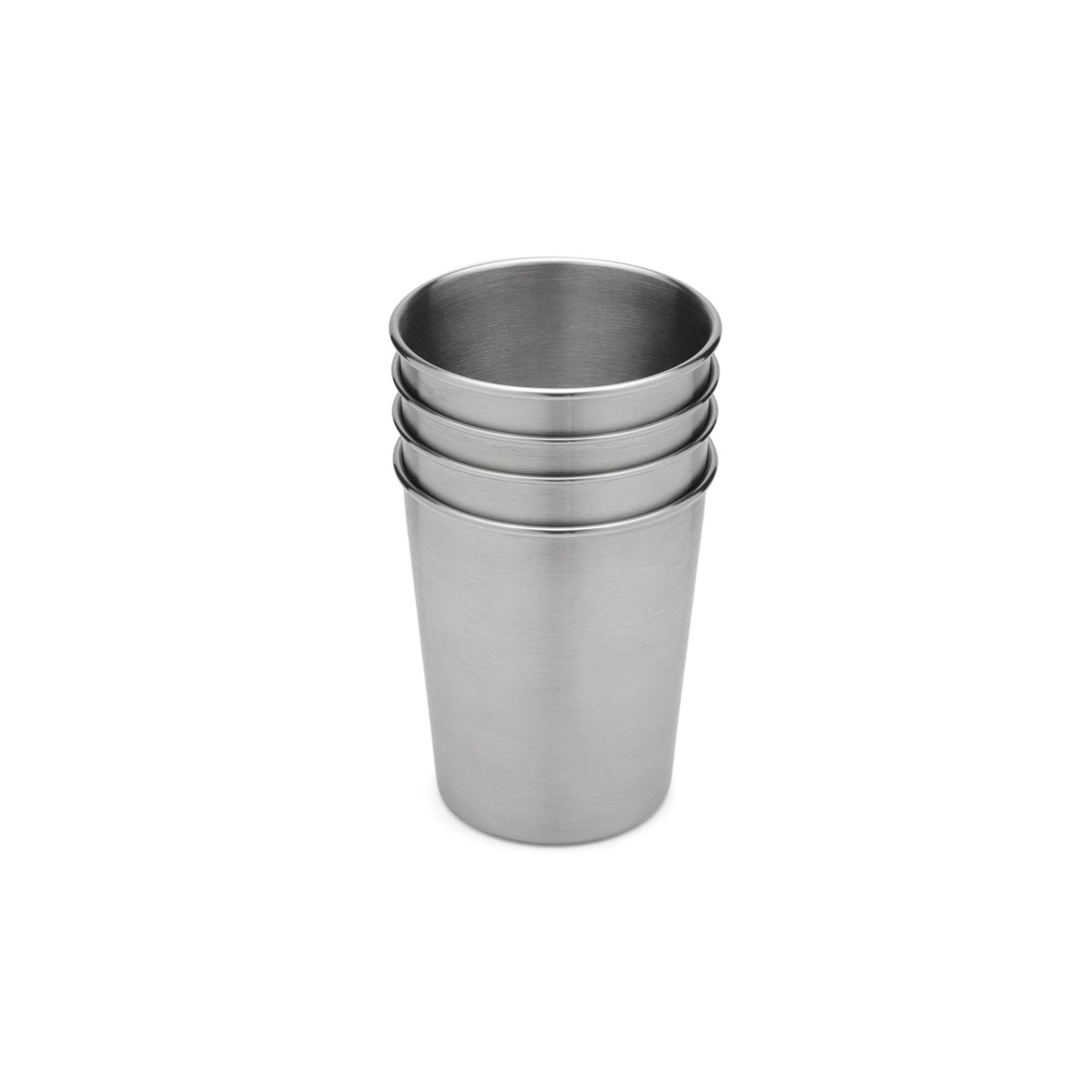 Set of four stainless steel cups on a white background