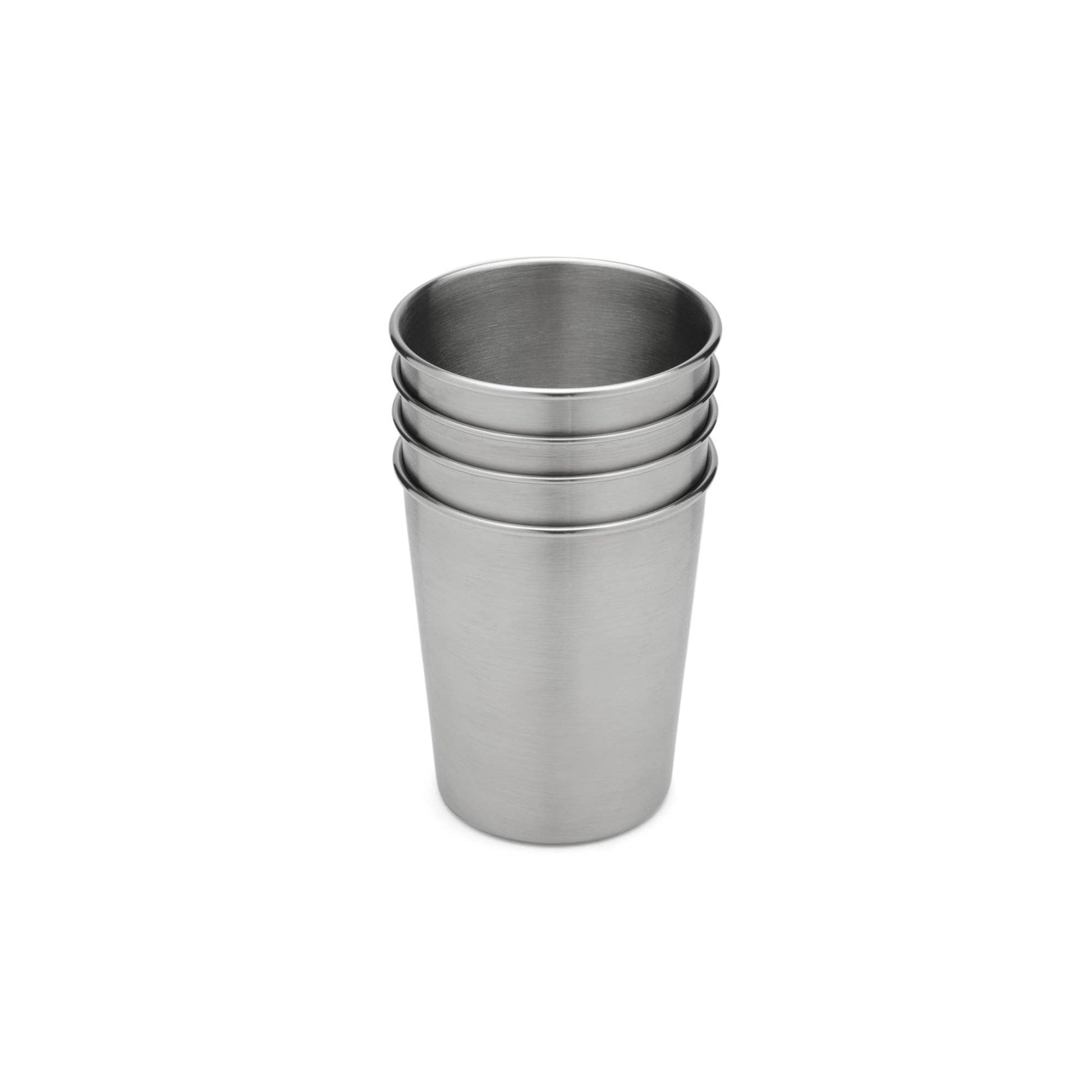 Set of four stainless steel cups on a white background