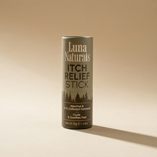 Luna Naturals Itch Relief Stick on a beige background