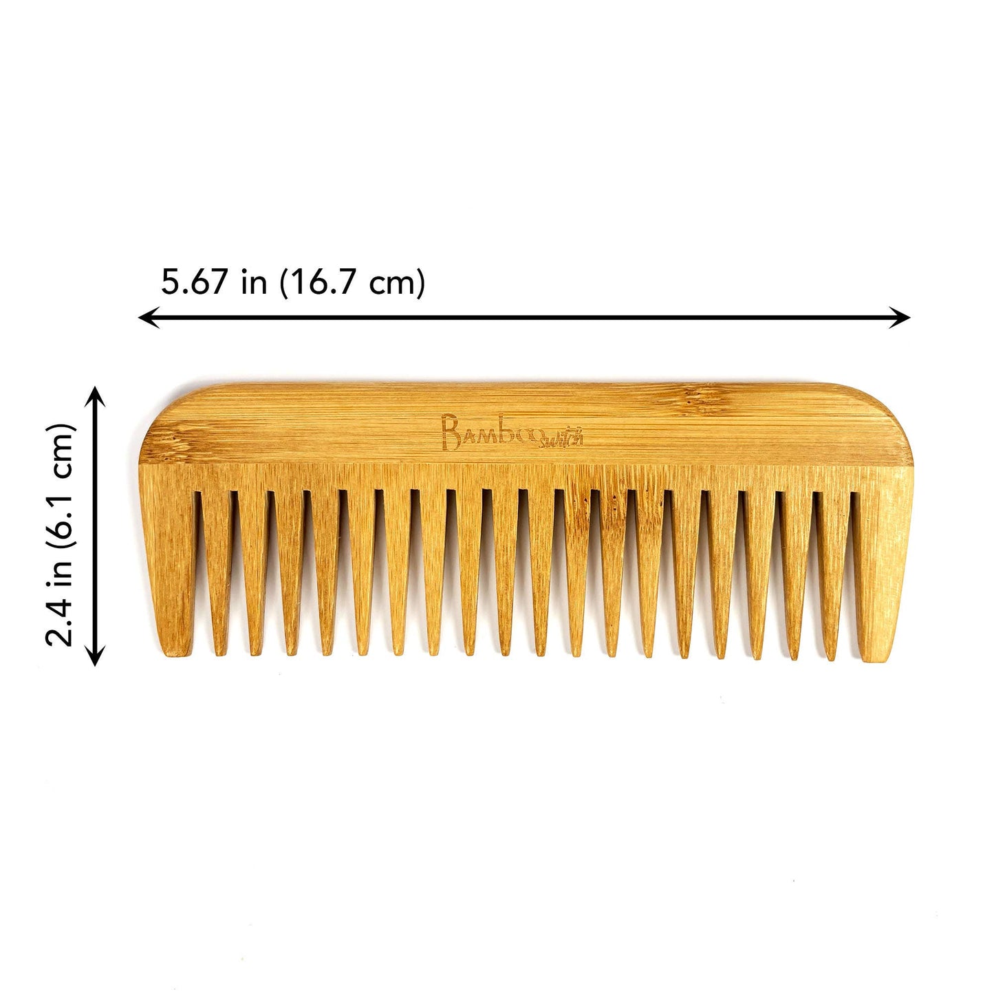 Wooden comb with dimensions labeled on a white background