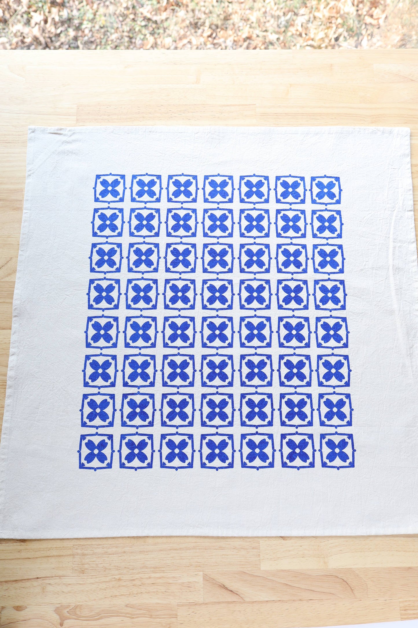 Blue Floral Tile Kitchen Towel, Hand Printed