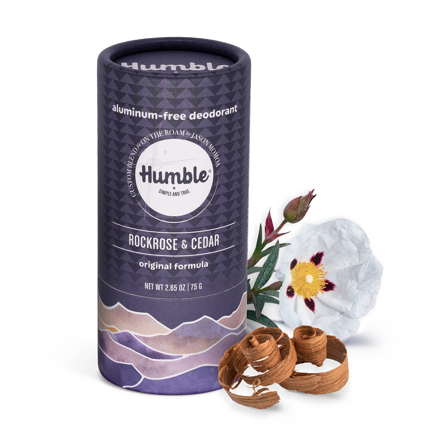 Humble brand aluminum-free deodorant in a purple cylindrical container with decorative elements on a white background.