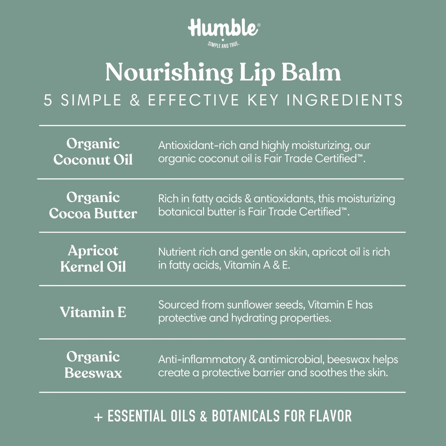 Nourishing lip balm ingredients list with Humble branding on a green background