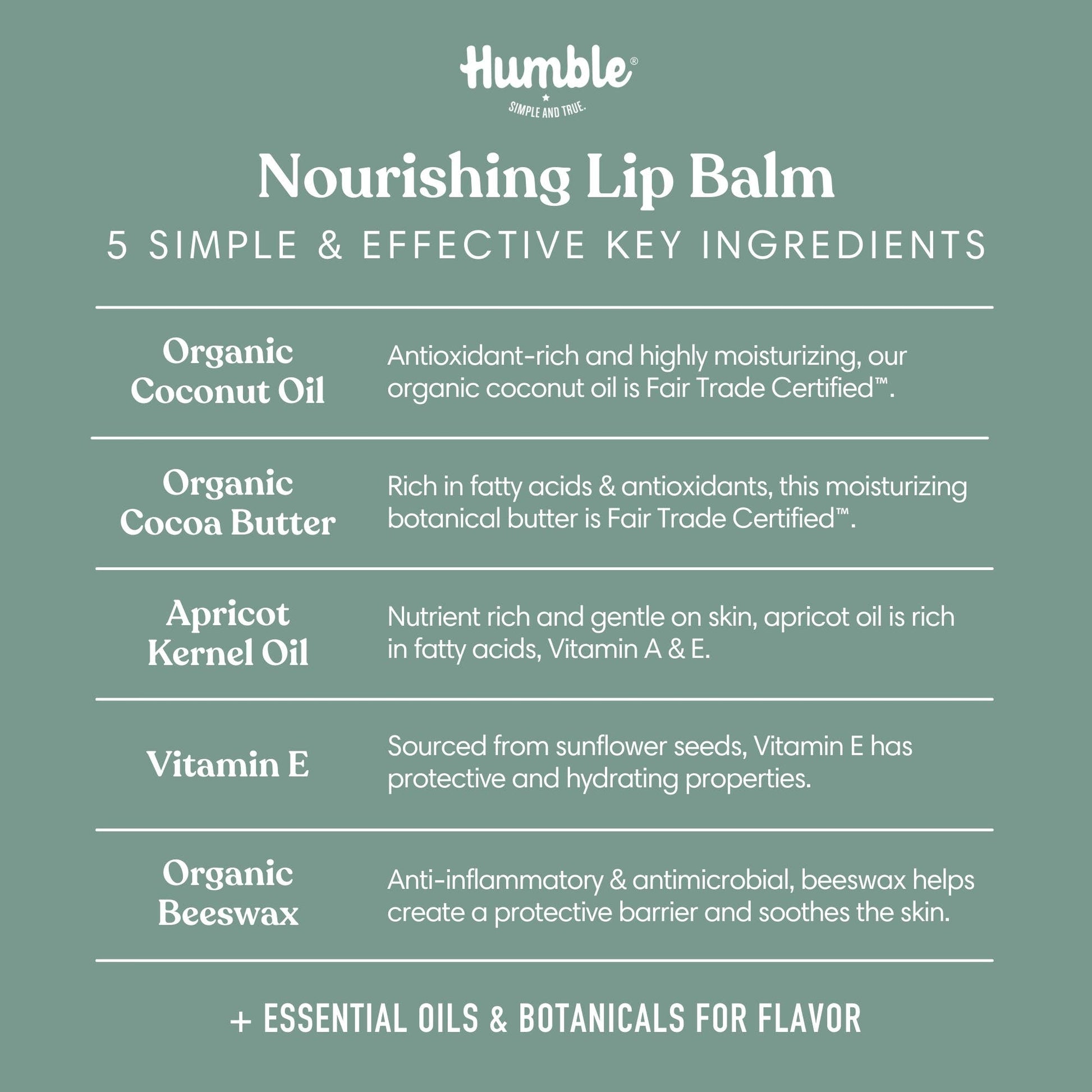 Nourishing lip balm ingredients list with Humble branding on a green background