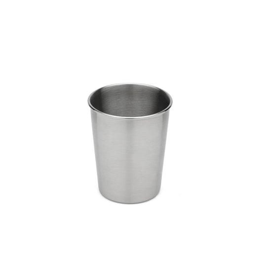 Stainless steel tumbler on a white background