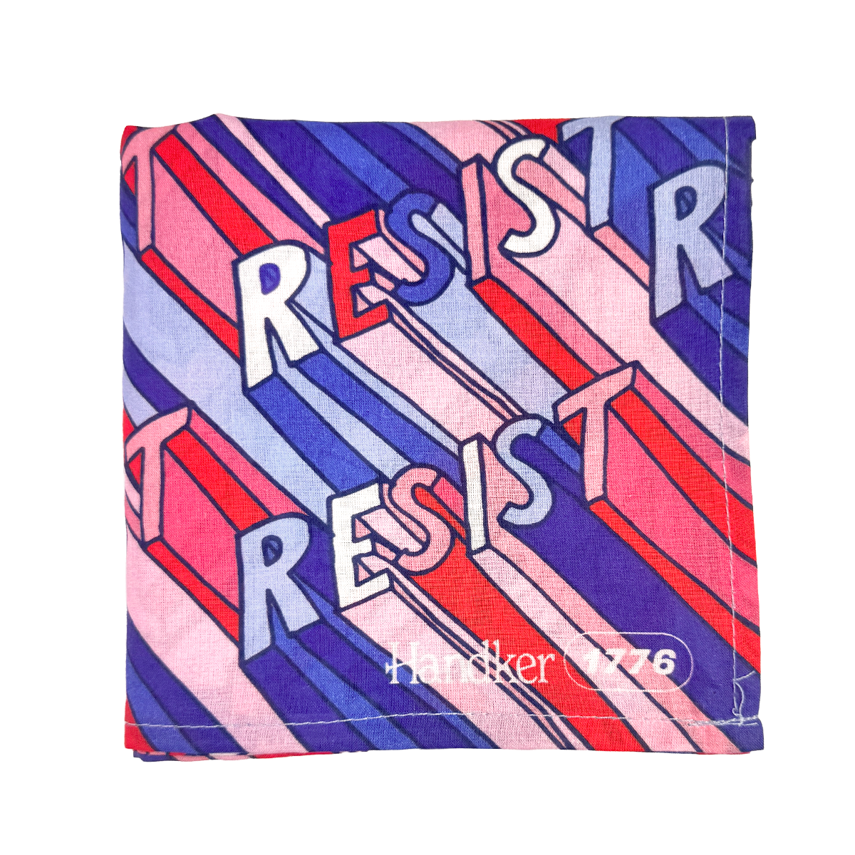 Handkerchief with 'RESIST' text in colorful geometric pattern on a white background